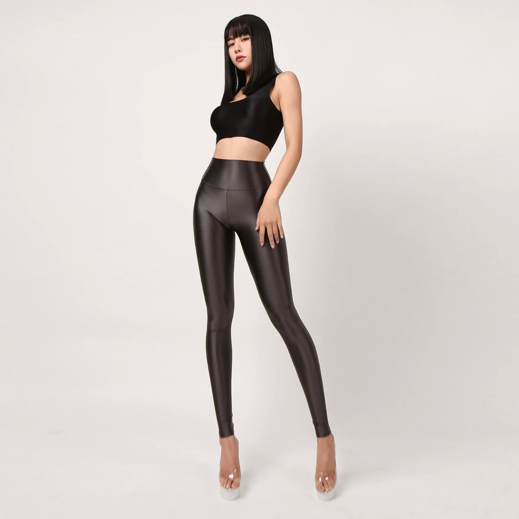Women's Satin Glossy High Waist Cargo Pants Sexy Silk Yoga Sports Leggings Opaque Fitness Tights Lady's Leggings Stockings