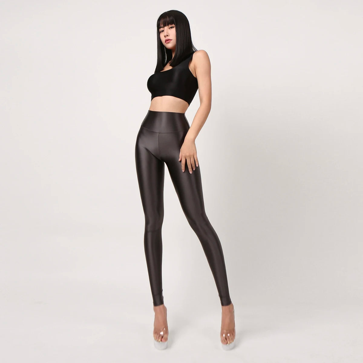 Women's Satin Glossy High Waist Cargo Pants Sexy Silk Yoga Sports Leggings Opaque Fitness Tights Lady's Leggings Stockings