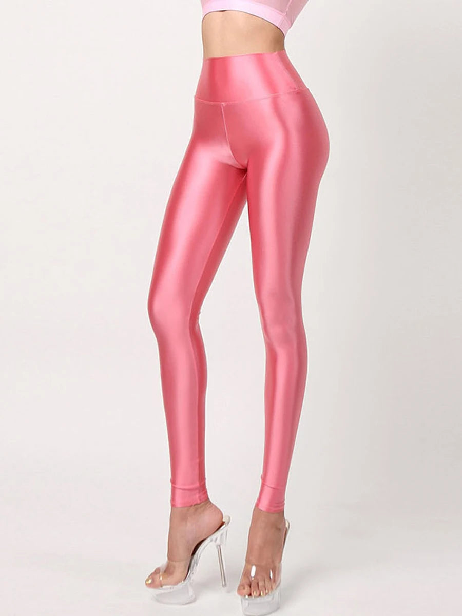 Women's Satin Glossy High Waist Cargo Pants Sexy Silk Yoga Sports Leggings Opaque Fitness Tights Lady's Leggings Stockings